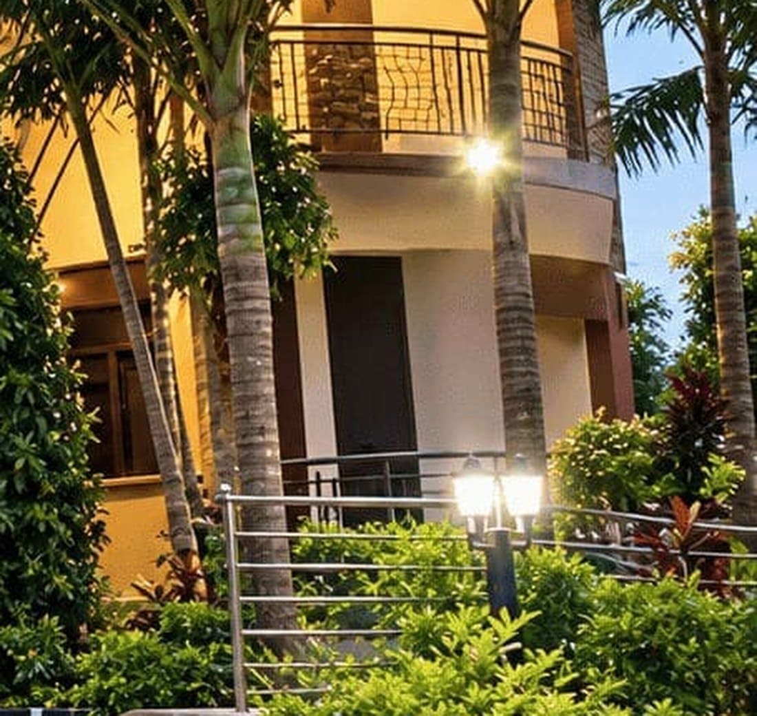 Garden and balconies at dusk